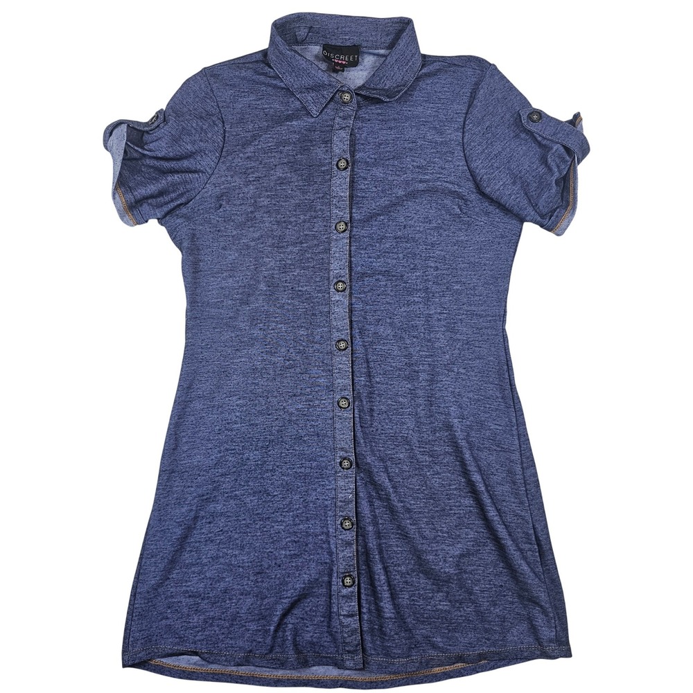 Discreet‎ Blue Marled Knit Button Front Shirt Dress Short Sleeve Roll Tab Large